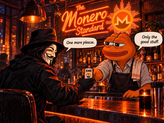 Stylized illustration showing the V for Vendetta character (Anonymous) at a bar with the Pepe frog as the bartender, featuring neon signage for 'The Monero Standard' and a bottle of XMR being served.