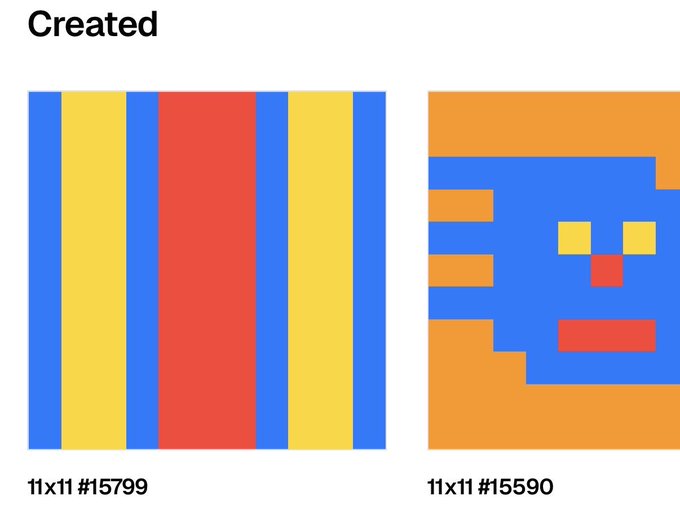 A webpage showing two pixel art creations labeled 'Created', with the left being 11x11 #15799 (a striped pattern in blue, yellow, and red) and the right being 11x11 #15590 (a blue and orange face-like design).