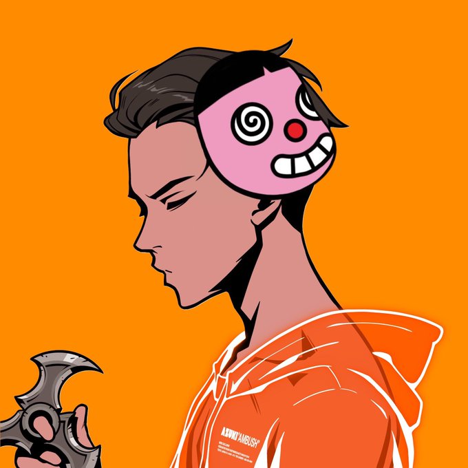 A cartoon character wearing a pink hypnotic swirl mask and an orange hoodie holds a metallic object, set against a bright orange background, fitting the cheerful "Gm, beautiful day today" crypto greeting. The hoodie features partially legible text mentioning "KNOW YOURSELF."