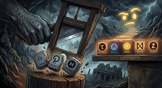 A guillotine with "Altcoin ETFs Filings" on its blade, emblazoned with "Grayscale," is poised to drop on ADA, DOT, and HBAR tokens resting on a wooden block, while a row of Bittensor (TAO), Aave (AAVE), BNB, NEAR, and Zcash coins labeled "Pending Filings" remain standing nearby in the stormy scene.