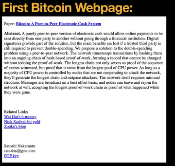 Screenshot of a webpage titled 'First Bitcoin Webpage:' displaying Satoshi Nakamoto's abstract from the Bitcoin paper 'A Peer-to-Peer Electronic Cash System' with related links.