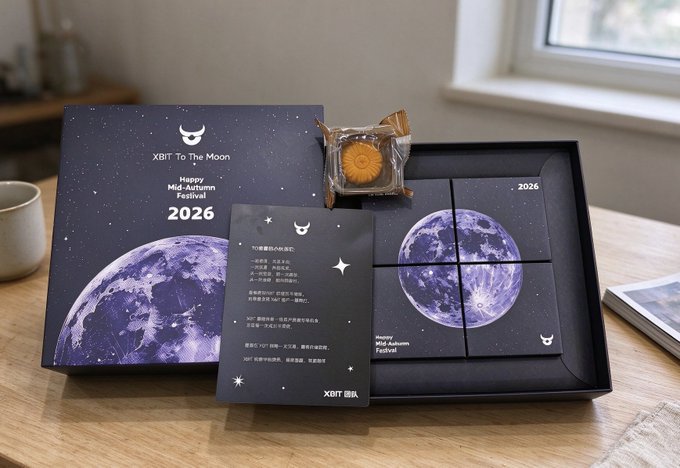 A 'XBIT To The Moon Happy Mid-Autumn Festival 2026' gift box with a moon and stars theme, featuring individually wrapped mooncakes arranged around a central card on a wooden table.