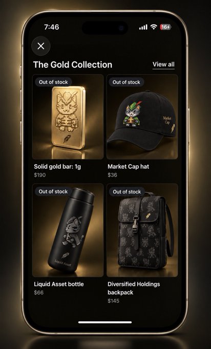 A smartphone screen shows an app page titled 'The Gold Collection' featuring merchandise like a 'Solid gold bar: 1g' ($190), a 'Market Cap hat' ($36), a 'Liquid Asset bottle' ($66), and a 'Diversified Holdings backpack' ($145).