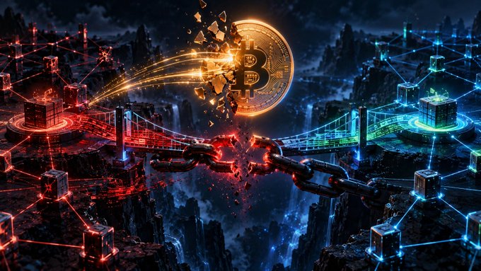 A digital artwork depicting a large Bitcoin coin shattering, with a glowing red chain bridge connecting two networks across a dark, futuristic landscape.