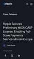A screenshot of a Flippa article titled "Ripple Secures Preliminary MiCA CAISP License, Enabling Full-Scale Payments Services Across Europe," showing the Rippa logo and the headline in white text on a dark background.