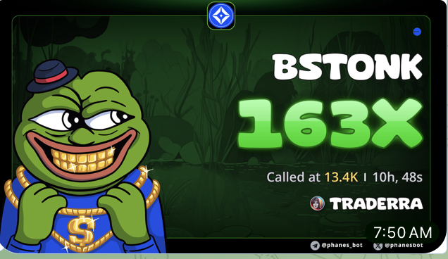 A Pepe the Frog mascot in a suit and gold chain appears next to bold text reading "BSTONK 163X," highlighting a "Called at 13.4K" entry now up 163x, credited to trader @LadyTraderRa on TradeRa—visually celebrating the massive gains mentioned in the post about her $SEAL whale call.
