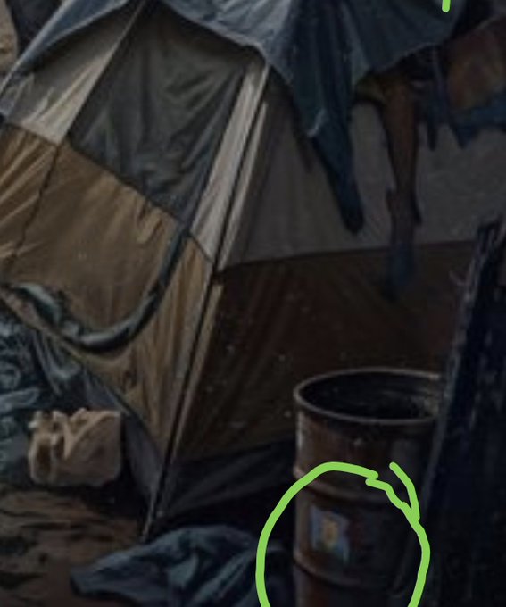 A Beeple-style digital artwork depicts a weathered tent and barrel, with a green circle highlighting the barrel to draw attention to what appears to be a subtle nod to the $STONKBROKER token. The image serves as a visual clue in an ARG-style game, where Beeple is signaling his belief in the project's utility for NFT collections.