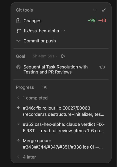 A screenshot of a task tracking interface showing 'Git tools' with '+99 -43' changes under 'fix/css-hex-alpha', a goal titled 'Sequential Task Resolution with Testing and PR Reviews' (1/8), and progress details listing tasks #346, #352, and a merge queue.