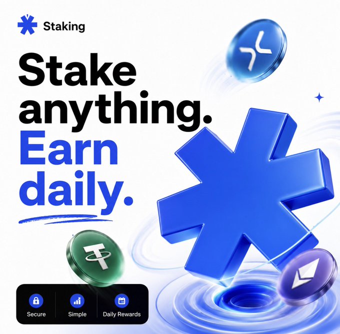 A promotional graphic for **@staking_inc** featuring a large blue asterisk logo alongside cryptocurrency coins (Bitcoin, Ethereum, and Tether), with bold text reading "**Stake anything. Earn daily.**" and icons highlighting "Secure," "Simple," and "Daily Rewards" benefits—visually reinforcing the post's message of earning daily yields on crypto deposits like BTC, ETH, SOL, and XRP.