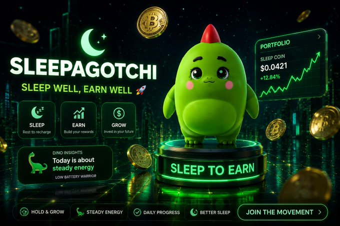 Promotional graphic for 'SLEEPAGOTCHI' featuring a green dinosaur-like character with the tagline 'SLEEP WELL, EARN WELL' and 'SLEEP TO EARN', showing a portfolio with SLEEP COIN at $0.0421 (+12.84%).