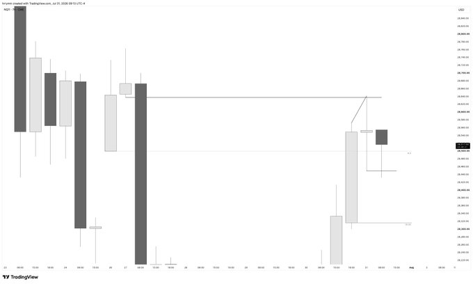A TradingView daily candlestick chart for BTCUSD showing price action with gray and white candles across late July 2026.