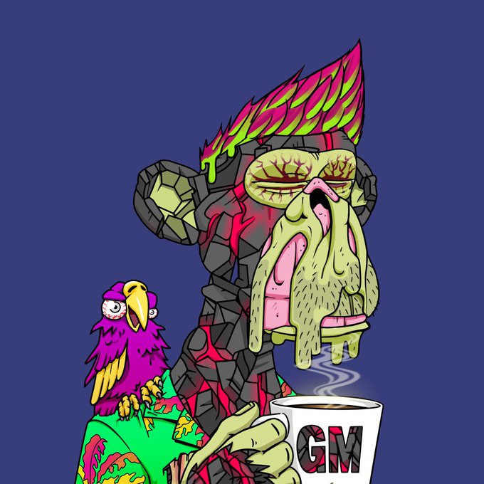 The image features a cartoon monkey holding a cup of coffee, with a bird perched on its shoulder. The background is blue, which complements the overall color scheme of the scene. The caption "GM GM" is written at the bottom right corner of the image.