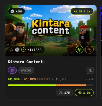 Pump.fun token page for 'Kintara Content' (KINTARA) in the Gaming category, showing $2.86 market cap with $1,829 reserved vs $5,156, 175 holders, and a -56% indicator.
