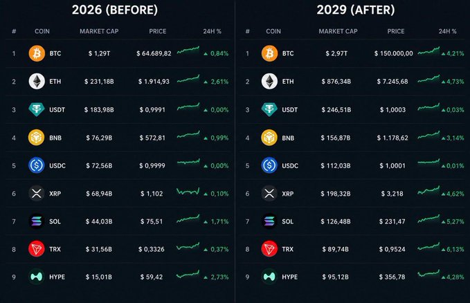 A side-by-side cryptocurrency market comparison table showing the top 9 coins including BTC, ETH, USDT, BNB, USDC, XRP, SOL, TRX, and HYPE, comparing market caps and prices between 2026 and 2029.