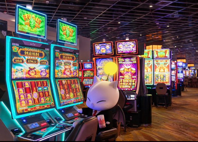 A casino floor with rows of colorful illuminated slot machines, where a white cat-like figurine with a yellow lightbulb over its head sits at one of the gaming stations.