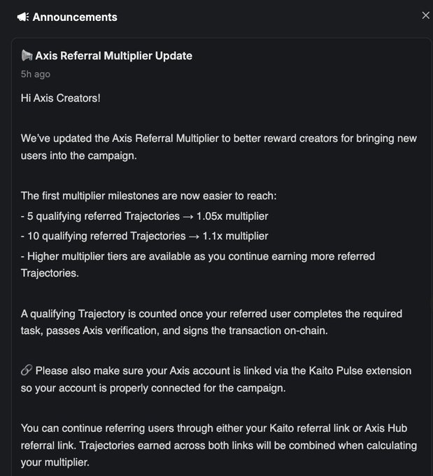 A Discord-style announcement titled 'Axis Referral Multiplier Update' detailing new milestones (1.05x at 5 referred Trajectories, 1.1x at 10) and instructions to link accounts via the Kaito Pulse extension.