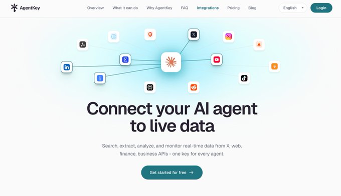The image shows the AgentKey homepage featuring a tagline "Connect your AI agent to live data" with a network visualization of various app icons (X, LinkedIn, Instagram, YouTube, TikTok, etc.) connected to a central hub, illustrating how the service allows AI agents to access real-time data from multiple platforms. This visually reinforces the post's message by showing the transformation from traditional data infrastructure to an interconnected agent infrastructure, with the "Get started for free" button highlighting accessibility for developers building agent-based systems.