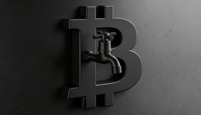 A dark 3D rendering of the Bitcoin logo with a faucet attached to it, mounted on a black wall.