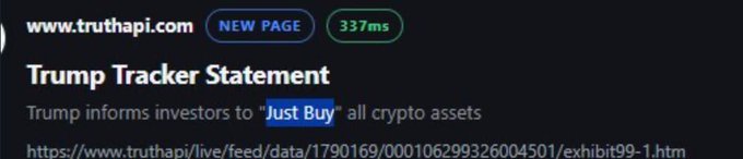 A screenshot from www.truthapi.com displaying a "Trump Tracker Statement" that reads "Trump informs investors to 'Just Buy' all crypto assets," with the phrase "Just Buy" highlighted in blue, accompanied by a TruthAPI feed URL showing a 337ms load time, suggesting the paid group received this Trump endorsement alert before it became widely available.