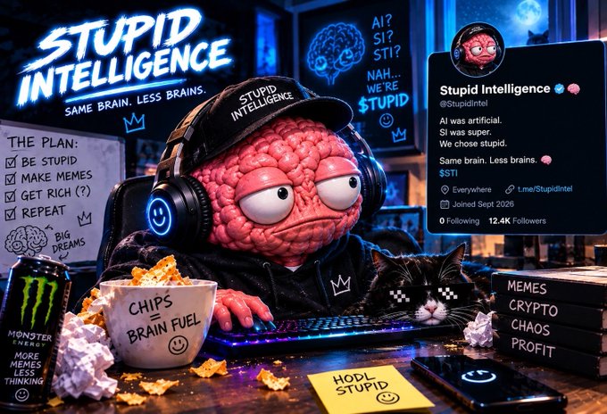 A digital artwork titled 'STUPID INTELLIGENCE' features a pink brain character wearing a black cap with 'STUPID INTELLIGENCE' text, alongside a Twitter/X profile mockup and various meme references like 'CHIPS = BRAIN FUEL'.