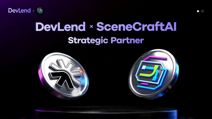 A promotional graphic announcing a 'Strategic Partner' collaboration between 'DevLend' and 'SceneCraftAI', featuring two 3D metallic coin logos.