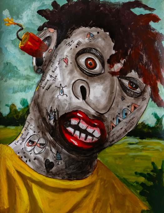 A vivid acrylic or oil painting of a gray-skinned figure with wild dark hair, red lips, and multiple tattoos/doodles on their face and neck, wearing a yellow shirt.