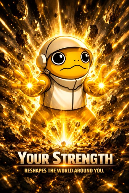 An illustrated, stylized turtle-like character wearing a white spacesuit stands with glowing hands outstretched amid a fiery explosion of debris, with the text "YOUR STRENGTH RESHAPES THE WORLD AROUND YOU" displayed at the bottom.