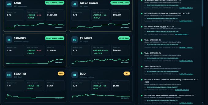 A dark-themed trading dashboard showing multiple token tickers (SAOB, $AI on Binance, $E, $U, $EQ, $KIO) with bid/ask spreads, market caps, and price charts, alongside a news and updates feed on the right.