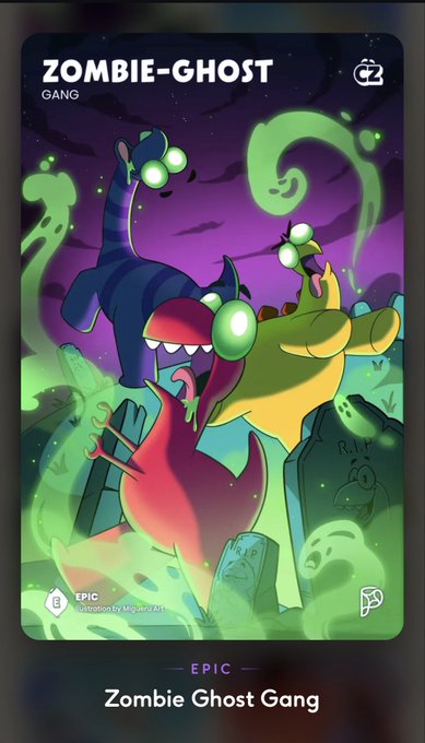 A digital trading card titled "ZOMBIE-GHOST GANG" (Epic rarity) by MiguXArt depicts three cartoon ghosts with glowing green eyes floating among spooky gravestones, representing the "Zombie Ghost Gang" NFT for sale. The eerie purple-and-green artwork matches the seller's post advertising the Zombie asset for trade.