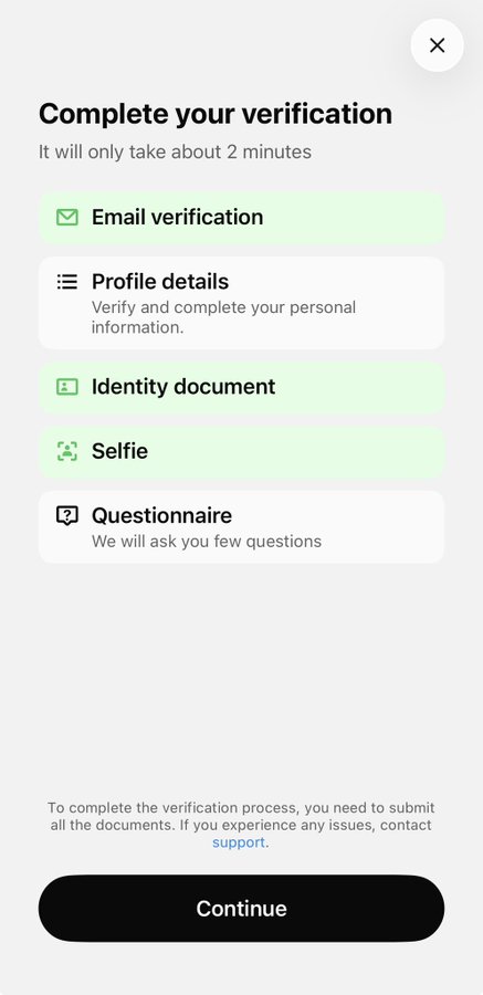 A mobile app verification screen titled 'Complete your verification' with five steps: Email verification (checked), Profile details, Identity document (checked), Selfie (checked), and Questionnaire, with a black 'Continue' button at the bottom.