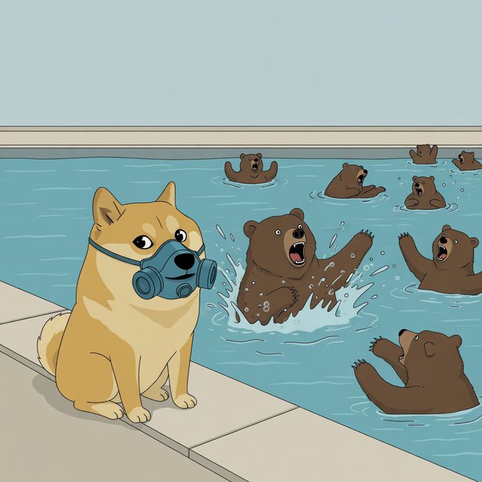 A Shiba Inu wearing a gas mask sits calmly on the pool deck while bears splash and panic around it in the water. The image humorously visualizes the post's sentiment of bearish investors (represented by the drowning bears) being overwhelmed by bullish Dogecoin momentum, with the gas-masked doge symbolizing its resilience amid the chaos.