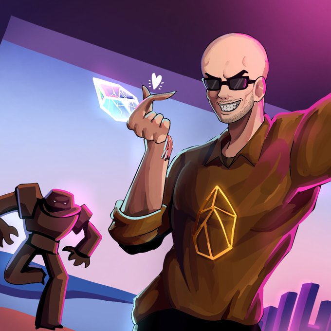 Digital illustration of a bald man with sunglasses smiling and holding up a glowing crystal/diamond with a small heart symbol, with an Ethereum logo on his shirt and a small robot character in the background.
