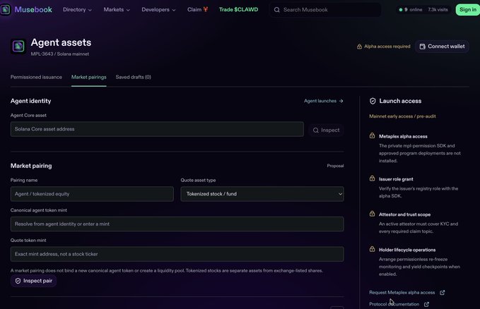 A screenshot of the Musebook platform showing an 'Agent assets' configuration page for MPL-3643 on the Solana mainnet, with options for agent identity and market pairing.