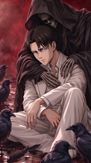 Anime-style artwork of a dark-haired young man in a white suit being embraced from behind by a hooded skeletal figure, surrounded by black crows against a red background.