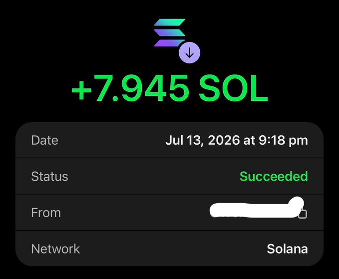 A Solana transaction screenshot confirming a successful receipt of +7.945 SOL on July 13, 2026, with the sender's address whited out, matching the post about someone randomly sending 8 SOL.