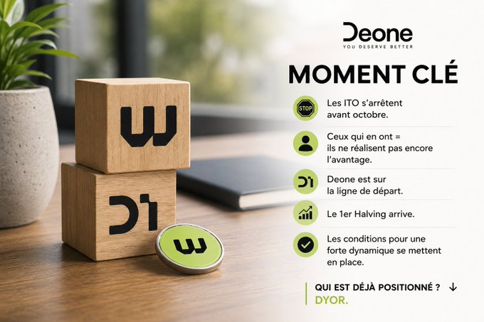 A promotional graphic for Deone titled 'MOMENT CLÉ' displays stacked wooden blocks with the letter 'W' on a desk, with French text noting 'Les ITO s'arrêtent avant octobre' and 'Le 1er Halving arrive.'