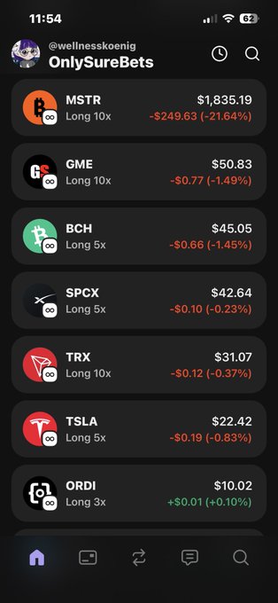 The image features a cell phone display screen filled with a long list of cryptocurrency prices for various names such as Bitcoin, Ethereum, Trx, and other digital tokens displayed against different shades of black and white colors with occasional red highlights or bold symbols in the center area. The text on the screen shows that these crypto names are listed from 1st to 10th position. A post on social media indicates this list is about "onlysurebets". The background color of the image is mostly black but has a hint of light brown at the bottom right corner and white at the top left corner, and there's also a purple text overlay in the center area.