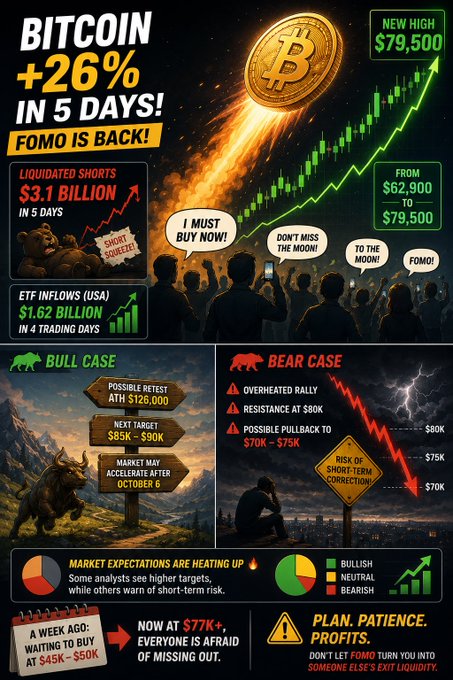 A promotional graphic about Bitcoin reaching a new high of $79,500 with a 26% gain in 5 days, highlighting $3.1 billion in liquidated shorts, ETF inflows of $1.62 billion, and presenting both bull case ($85K-$90K) and bear case scenarios with FOMO warnings.
