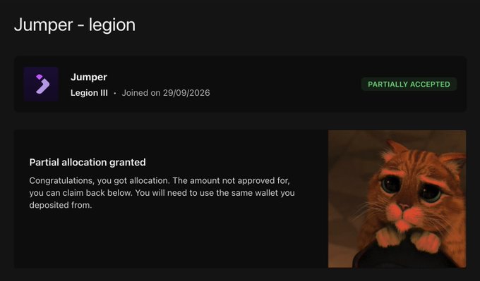 A screenshot of a 'Jumper - legion' dashboard indicating 'PARTIALLY ACCEPTED' allocation for 'Legion III', accompanied by an image of a sad-looking orange cat.