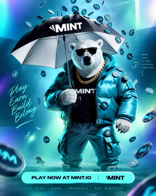 An advertisement featuring an animated polar bear wearing sunglasses, a gold chain, and a teal puffer jacket, holding a black and white umbrella labeled 'MINT'. Text reads 'Play Earn Build Belong' and 'PLAY NOW AT MINT.IO' with 'PLAY . EARN . PROGRESS . GET MINTED'.