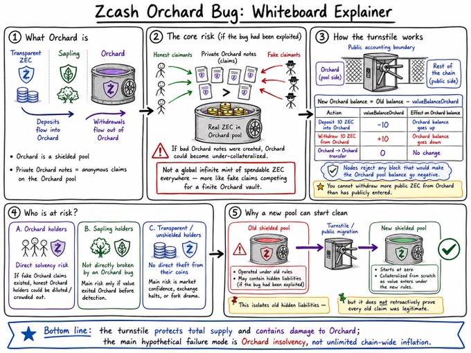 The image shows a whiteboard explanation of the ZCash bug, which is a type of vulnerability that affects the ZEC cryptocurrency. The explanation provides a visual representation of the issue by drawing a diagram with various elements such as coins, pools, and transactions. It highlights how the bug could potentially lead to the insolvency of the Orchard pool (ZEC), similar to the KelpDAO hack for ETH. The post emphasizes the importance of proactively unshielding any ZEC today to avoid potential risks associated with this vulnerability.