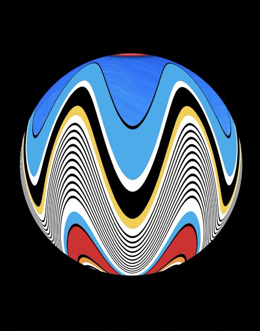 An abstract spherical illustration with psychedelic blue, yellow, white, and red wavy patterns on a black background.