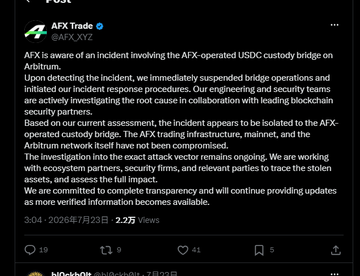 The image shows an X (Twitter) post from AFX Trade (@AFX_XYZ) dated July 23, 2026, with 2.3K views, announcing that an incident involving the AFX-operated USDC custody bridge on Arbitrum has occurred, prompting immediate suspension of bridge operations and investigation by engineering and security teams alongside blockchain security partners like Blockaid. This corresponds to the accompanying context describing the ~$24.15M USDC exploit on AFX's Arbitrum self-hosted bridge, while confirming that the Arbitrum native bridge itself remains uncompromised.