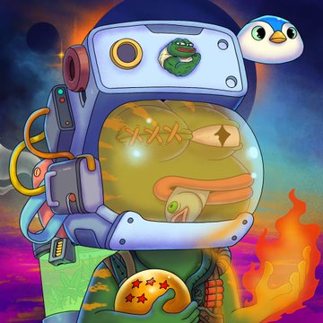 A digital illustration of a cartoon duck character wearing a large futuristic space helmet with Japanese text 'サムス' (Samus) on the visor, set against a cosmic background with a small bird companion.
