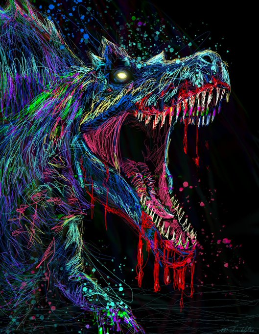 The image features a colorful, abstract drawing of a dinosaur with its mouth open wide, revealing blood dripping from its teeth. The dinosaur appears to be alive and has a glowing eye, giving it an eerie appearance. The background is black, which contrasts with the vibrant colors of the dinosaur's fur and skin. The post also mentions that this artwork is available as an Open Edition for 15 hours only, and there are limited payment options provided: either pay $3 per wallet or use your credit card to cover shipping costs.