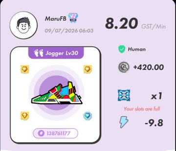A profile screen for user 'MaruFB' showing 8.20 GST/Min earnings with a Jogger Lv30 sneaker NFT and Human verification status.