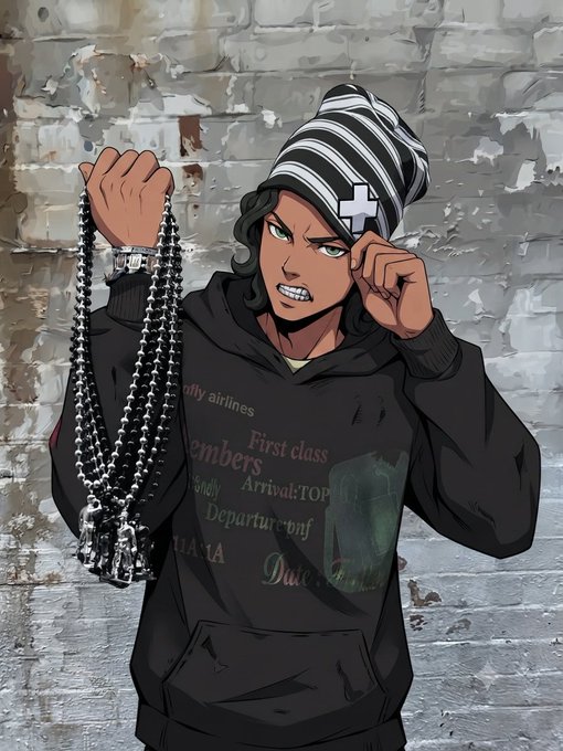 An anime-style illustration of a character with tan skin, wearing a black and white striped beanie with a cross, and a black hoodie with faded text like 'First class' and 'Arrival: TOP', holding a silver cross chain and pulling down their eyelid in a mocking gesture.