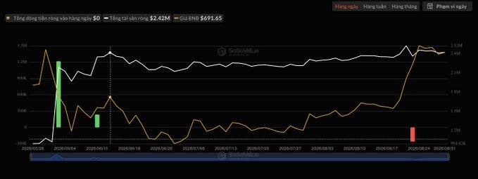 A financial chart from SoSoValue showing cryptocurrency market data, with the 'Tổng dòng tiền ròng vào hàng ngày $0' and 'Tổng tài sản ròng $2.42M - Giá BNB $691.65' displayed at the top.
