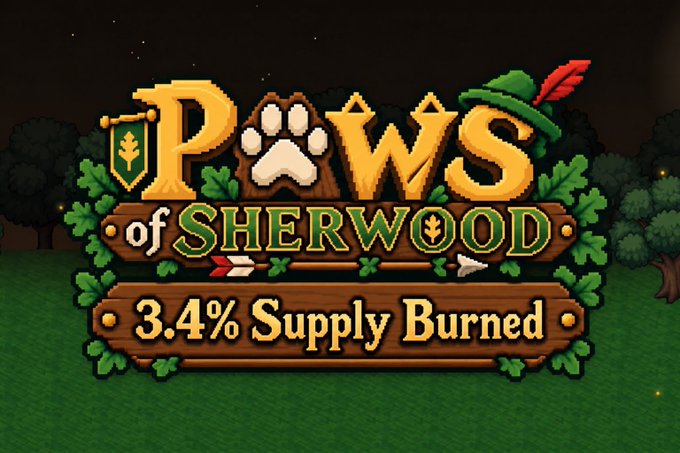 A pixel art graphic for the cryptocurrency "Paws of Sherwood" displays the project's logo—featuring a paw print, shield, and feathered Robin Hood hat—above wooden signs reading "3.4% Supply Burned," visually representing the ongoing token burn milestone mentioned in the announcement.