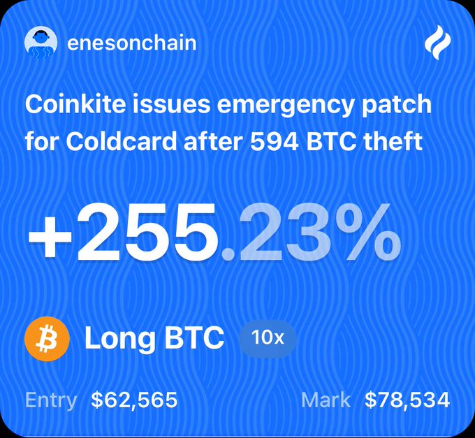 A blue trading graphic from 'enesonchain' showing a 'Long BTC 10x' position with a massive gain of '+255.23%', noting an Entry of $62,565 and Mark of $78,534, with the headline 'Coinkite issues emergency patch for Coldcard after 594 BTC theft'.